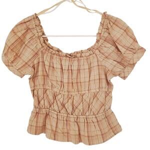 Sim & Sam Plaid Peplum Top with Puff Sleeves Size S